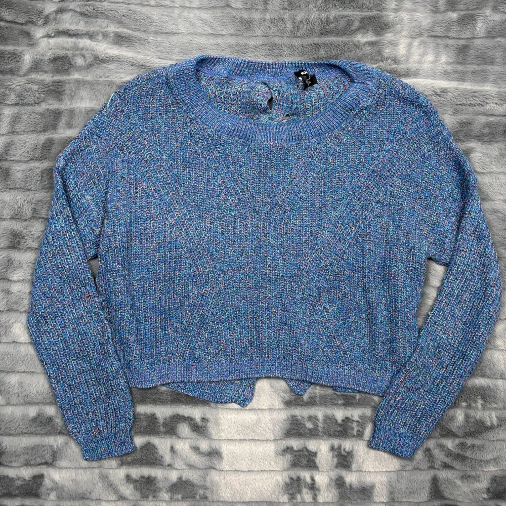 Express Blue Space Dye Open Cage Back Cropped Knit Sweater Womens Small 8256